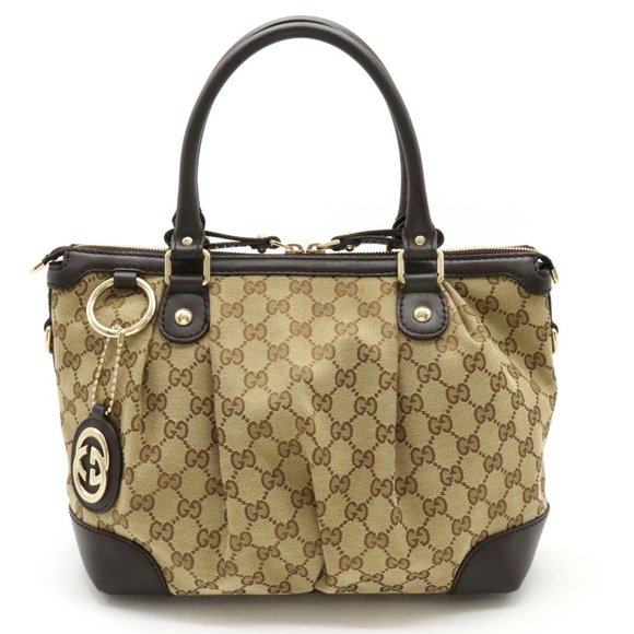 GUCCI Handbags - GUCCI Sukey GG Canvas Handbag Tote Bag Leather Khaki Beige Dark Brown 247902